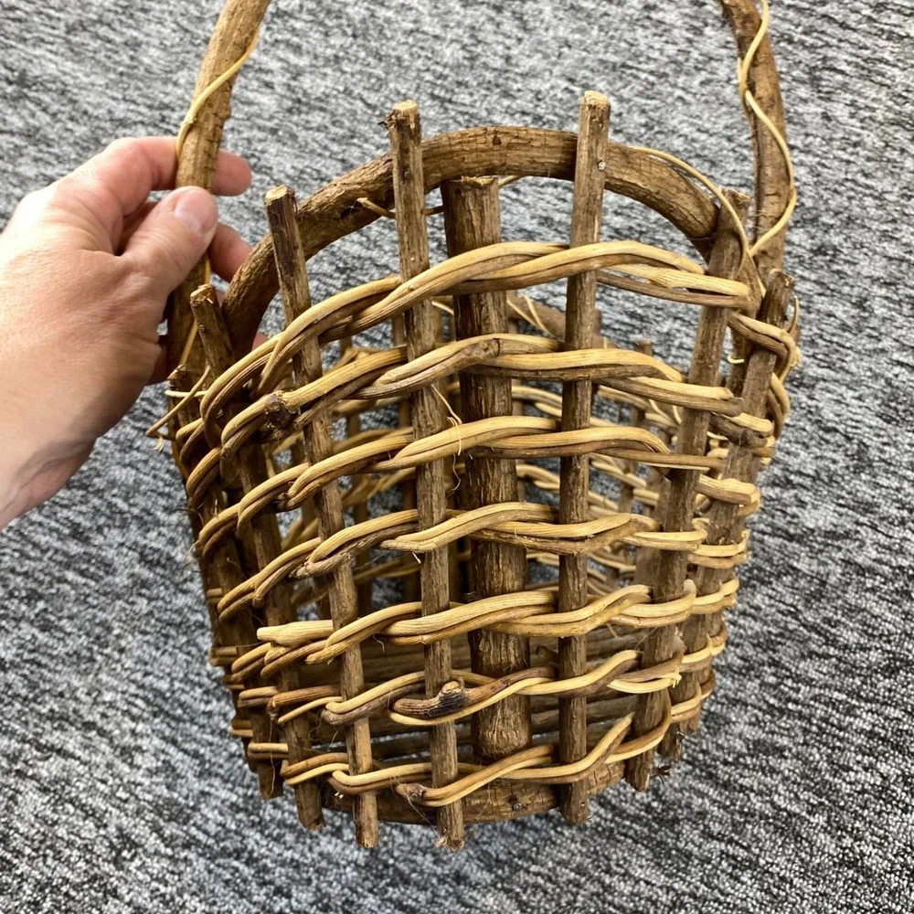 Old Rustic Twig Woven Basket Natural Vine Handle Folk Art Country Decor